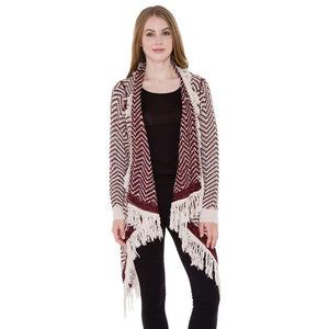 Wine Chevron Zigzag Pattern Fringe Knit Cardigan is a perfect winter accessory and trendy wear to keep you out of chill on the cold days and winter. Super soft chic capelet that keeps you warm and toasty. Beautiful Chevron Zigzag Pattern makes it eye-catchy and attractive that can easily draw other's attention. You can throw it on over so many pieces elevating any casual outfit! Perfect Gift for Wife, Mom, Birthday, Holiday, Christmas, Anniversary, Fun Night Out. Have a warm winter!