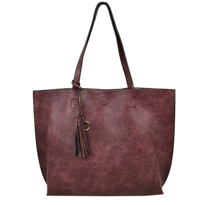 Wine Large Tote Reversible Shoulder Vegan Leather Tassel Handbag, High quality Vegan Leather is a luxurious and durable, Stay organized in style with this square-shaped shopper tote purse that is fully reversible for two contrasting interior and exterior solid colors. This vegan leather handbag includes an on-trend removable tassel embellishment. Guaranteed, This will be your go-to handbag. 