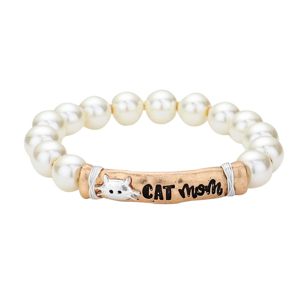 Worn Gold Cat Mom Message Pearl Stretch Bracelet, Express your love to your loving Mom with this Animal, Message, Mother, Pearl theme bracelets. Mom charm bracelets Collection shows her how much you care every day or on special occasions like her birthday, Anniversary Gift, Valentine’s Day, Mother’s Day or Christmas!