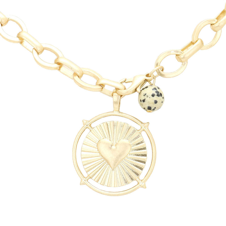 Worn Gold Heart Accented Metal Round Natural Stone Pendant Necklace. Beautifully crafted design adds a gorgeous glow to any outfit. Jewelry that fits your lifestyle! Perfect Birthday Gift, Anniversary Gift, Mother's Day Gift, Graduation Gift, Prom Jewelry, Just Because Gift, Thank you Gift, Valentine's Day Gift.