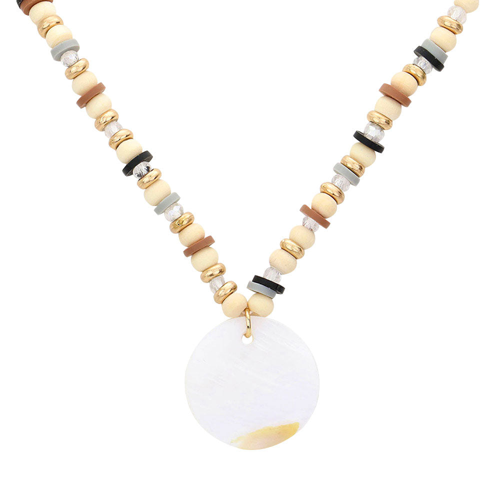 Worn Gold Wood Heishi Beaded Abalone Pendant Necklace, Add this simple Beaded Abalone Pendant necklace to any look for a hint of bling! delicately polished necklace will enhance your look, versatile enough for wearing straight through the week, coordinate with any ensemble from business casual to everyday wear, the perfect addition to every outfit.