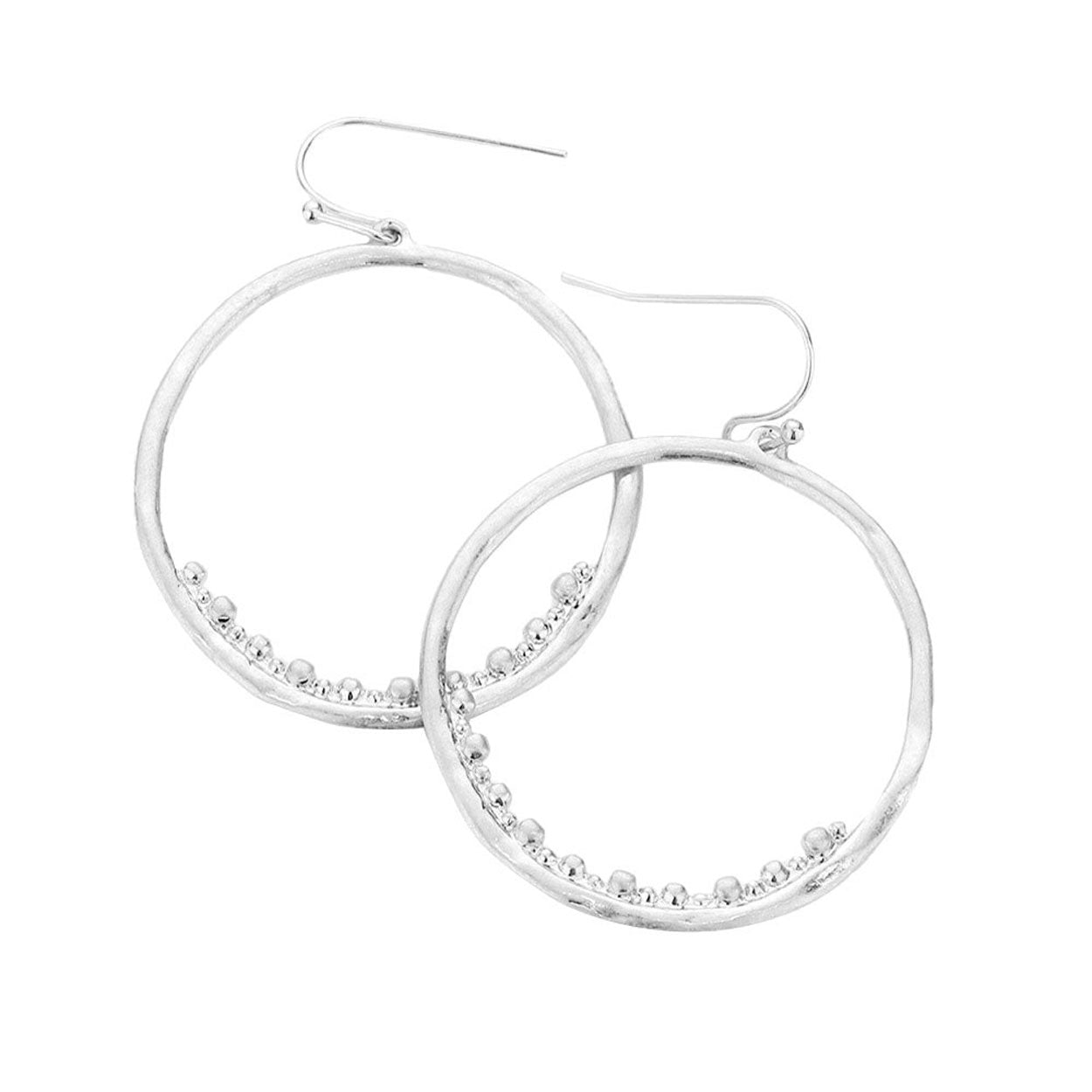 Worn Silver Bubble Detailed Irregular Metal Open Circle Dangle Earrings, put on a pop of color to complete your ensemble. Beautifully crafted design adds a gorgeous glow to any outfit Perfect for adding just the right amount of shimmer & shine . Perfect Birthday Gift, Anniversary Gift, Mother's Day Gift, Graduation Gift.