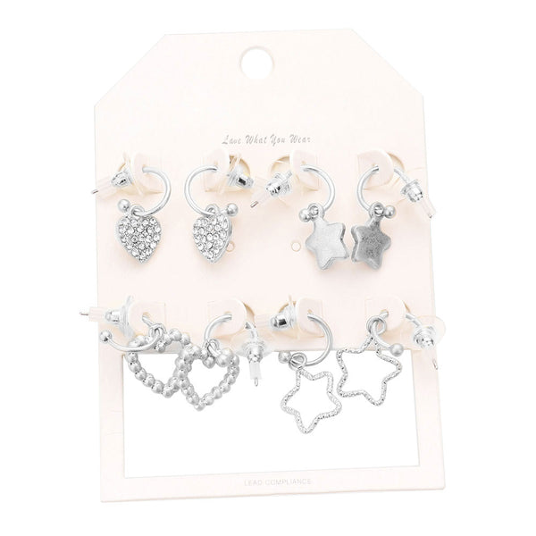 Worn Silver 4 Pairs Rhinestone Embellished Heart Star Dangle Earrings. Beautifully crafted design adds a gorgeous glow to any outfit. Jewelry that fits your lifestyle! Perfect Birthday Gift, Anniversary Gift, Mother's Day Gift, Graduation Gift, Prom Jewelry, Just Because Gift, Thank you Gift, Valentine's Day Gift.