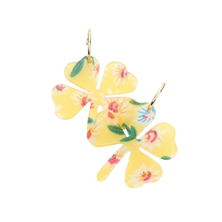 Yellow Flower Patterned Resin Clover Dangle Earrings.  Look like the ultimate fashionista with these Earrings! Add something special to your outfit! It will be your new favorite accessory. Perfect Birthday Gift, Mother's Day Gift, Anniversary Gift, Graduation Gift, Prom Jewelry, Just Because Gift, Thank you Gift.