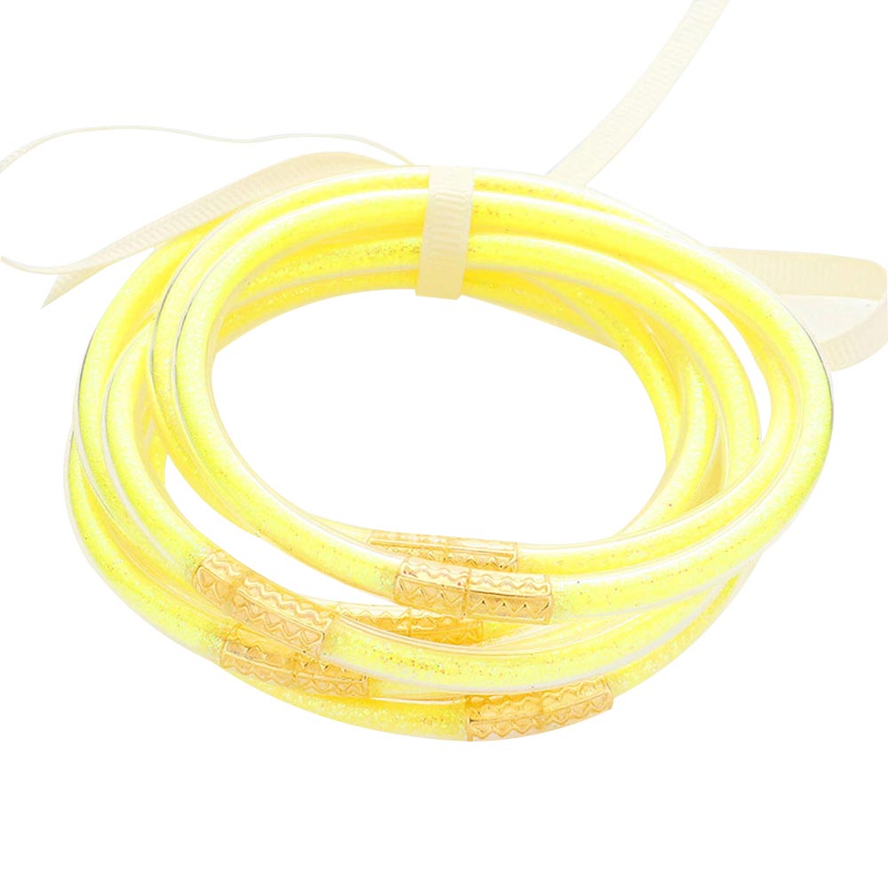 Yellow 7PCS Glitter Jelly Tube Bangle Bracelets, are a beautiful & unique collection to your attire to make your look more attractive. Perfect decoration as formal or casual wear at a party, work, or shopping for ladies and girls to wear. The bracelet is filled with enough glitter, it's sparkled in the light. Beautiful bracelets will help you get more compliments on your everyday wear.