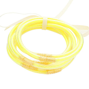 Yellow 7PCS Glitter Jelly Tube Bangle Bracelets, are a beautiful & unique collection to your attire to make your look more attractive. Perfect decoration as formal or casual wear at a party, work, or shopping for ladies and girls to wear. The bracelet is filled with enough glitter, it's sparkled in the light. Beautiful bracelets will help you get more compliments on your everyday wear.