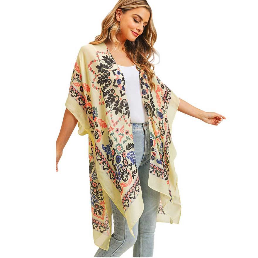 Yellow Bohemian Print Cover Up Kimono Poncho. Lightweight and soft brushed fabric exterior fabric that make you feel more warm and comfortable. Cute and trendy Poncho for women .Great for dating, hanging out, daily wear, vacation, travel, shopping, holiday attire, office, work, outwear, fall, spring or early winter. Perfect Gift for Wife, Mom, Birthday, Holiday, Anniversary, Fun Night Out.