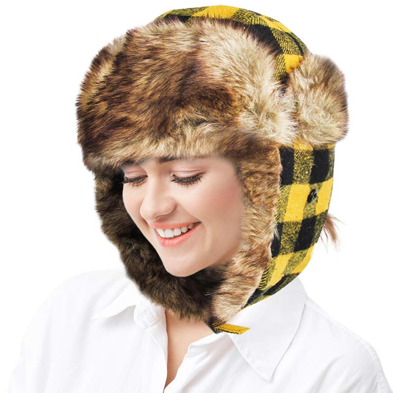 Yellow Buffalo Check Patterned Trapper Hat, Soft Structured Fashion with Fur Ear very comfortable winter hat is so soft, its plush Ear Flaps will keep you so warm, and the fur lining keeps you toasty in the coldest weather. Its comforting fur lining provides an added bit of warmth that's perfect for keeping heads covered while paying a nod to your favorites.