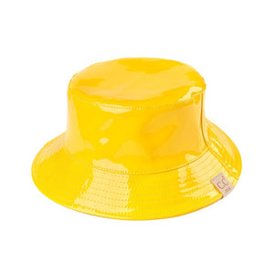 Yellow C.C Kids Shiny Solid Color Reflective Enamel Detailed Rain Bucket Hat; this rain hat is snug on the head and works well to keep rain off the head, out of the eyes, and also the back of the neck. Wear it to lend a modern liveliness above a raincoat on trans-seasonal days in the city. Perfect Gift for that fashion-forward friend