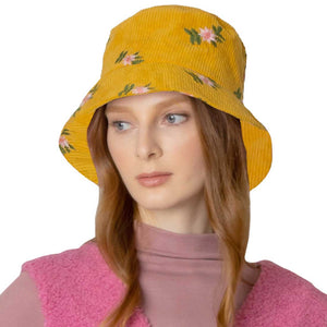 Yellow Embroidered Floral Corduroy Bucket Hat, show your trendy side with this floral corduroy bucket hat. adds a great accent to your wardrobe, This elegant, timeless & classic Bucket Hat looks fashionable. Perfect for that bad hair day, or simply casual everyday wear; Great gift for that fashionable on-trend friend. Perfect for both casual daily and outdoor activities, such as fishing, hunting, hiking, camping and beach.