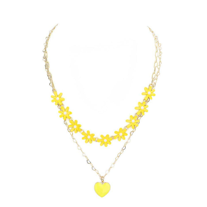 Yellow  Enamel Heart Pendant Flower Link Double Layered Necklace, Get ready with these beautiful statement Pendant necklace Double Layered will bring a lovely put on a pop of color to your look. Bright Enamel Heart and floral design will coordinate with any ensemble from business casual to everyday wear. The beautiful combination of Flower and Heart themed necklace are the perfect gift for the women in our lives who love flower.