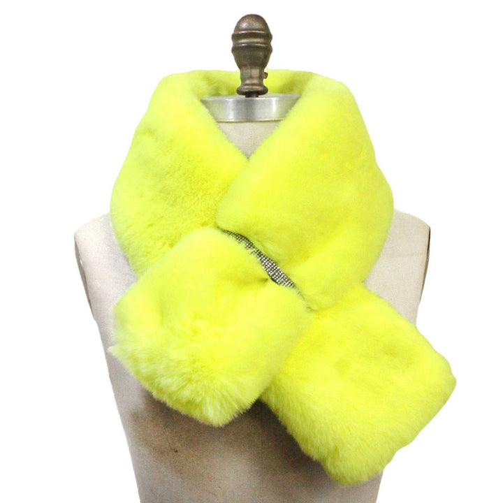 Yellow Fall Winter Trendy Faux Fur Bling Pull Through Scarf, delicate, warm, on trend & fabulous, a luxe addition to any cold-weather ensemble. Great for daily wear in the cold winter to protect you against chill, classic infinity-style scarf & amps up the glamour with plush material that feels amazing snuggled up against your cheeks.