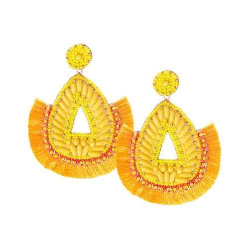 Pendientes colgantes con flecos de hilo en forma de lágrima y cuentas con parte posterior de fieltro - Amarillo