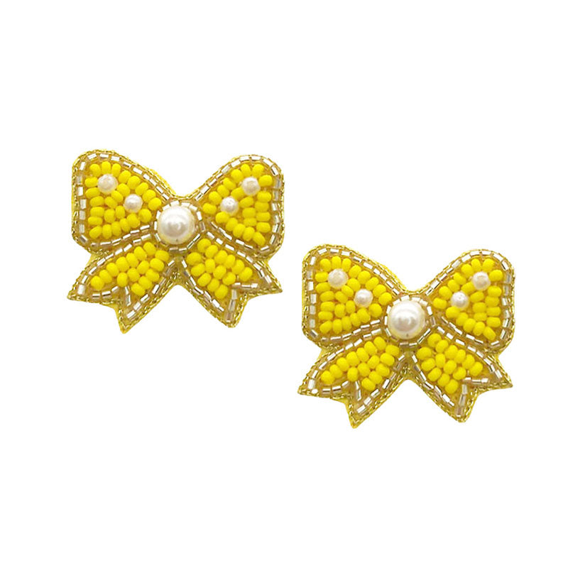 Yellow Felt Back Pearl Seed Beaded Bow Earrings. perfect for the festive season, embrace the occasion spirit with these cute enamel Bow Earrings, these sweet delicate gift earrings are sure to bring a smile to your face. Surprise your loved ones on beautiful occasion. Great gift idea for Wife, Mom, or your Loving One.