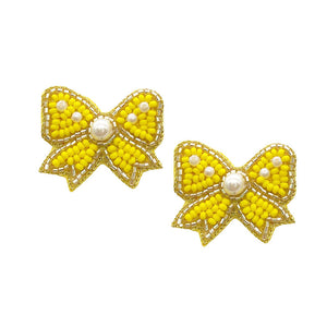 Yellow Felt Back Pearl Seed Beaded Bow Earrings. perfect for the festive season, embrace the occasion spirit with these cute enamel Bow Earrings, these sweet delicate gift earrings are sure to bring a smile to your face. Surprise your loved ones on beautiful occasion. Great gift idea for Wife, Mom, or your Loving One.