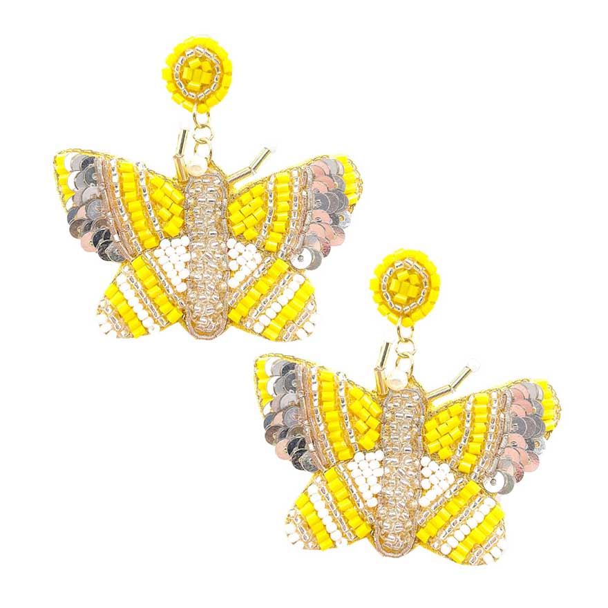 Yellow Felt Back Sequin Multi Beaded Butterfly Dangle Earrings, put on a pop of color to complete your ensemble. Beautifully crafted design adds a gorgeous glow to any outfit. Perfect jewelry gift to expand a woman's fashion wardrobe with a modern, on trend style. Perfect for Birthday Gift, Anniversary Gift, Mother's Day Gift, Graduation Gift.
