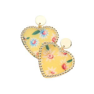 Yellow Flower Patterned Resin Heart Dangle Earrings. Look like the ultimate fashionista with these Earrings! Add something special to your outfit! It will be your new favorite accessory. Perfect Birthday Gift, Mother's Day Gift, Anniversary Gift, Graduation Gift, Prom Jewelry, Just Because Gift, Thank you Gift.