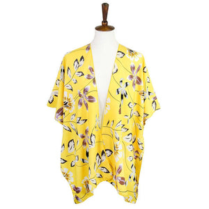 Yellow Flower Printed Cover Up Kimono Poncho. Lightweight and soft brushed fabric exterior fabric that make you feel more warm and comfortable. Cute and trendy poncho for women. Great for dating, hanging out, daily wear, vacation, travel, shopping, holiday attire, office, work, outwear, fall, spring or early winter. Perfect Gift for Wife, Mom, Birthday, Holiday, Anniversary, Fun Night Out.