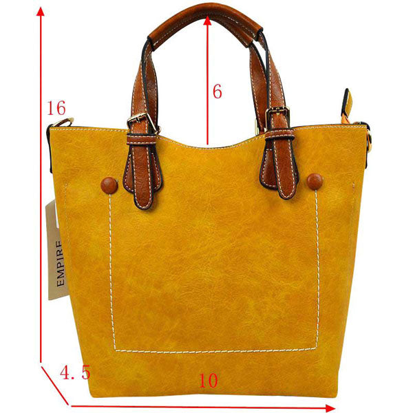 Yellow Genuine Leather Tote Shoulder Handbags For Women. Ideal for everyday occasions such as work, school, shopping, etc. Made of high quality leather material that's light weight and comfortable to carry. Spacious main compartment with magnetic snap closure to safely store a variety of personal items such as wallet, tablet, phone, books, and other essentials. One interior open pocket for small accessories within hand's reach.