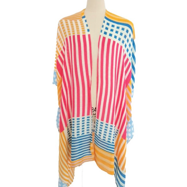 Yellow Geometric Printed Design Multi Shape Cover Up Kimono Poncho Beachwear; Oceanside or poolside chic, relaxed silhouette, great over your swimsuit or to wear over your favorite cami, shirt & slacks. Perfect Birthday Gift, Anniversary Gift, Mother's Day Gift, Graduation Gift, Geometric Print Kimono, Geometric Print Poncho