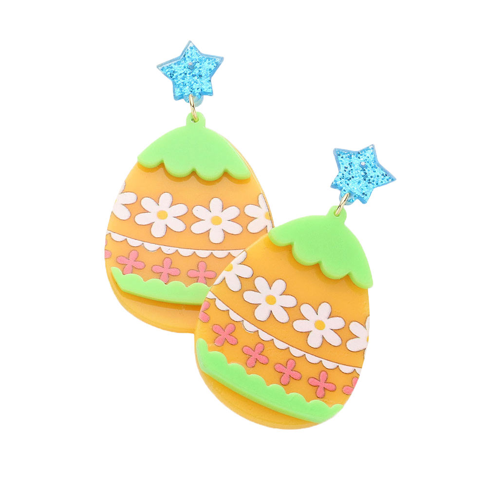 Yellow Glittered Star Resin Easter Egg Link Dangle Earrings, enhance your attire with these beautiful easter egg link dangle earrings to show off your fun trendsetting style. Can be worn with any daily wear such as shirts, dresses, T-shirts, etc. These glittered star dangle earrings will garner compliments all day long at Easter.