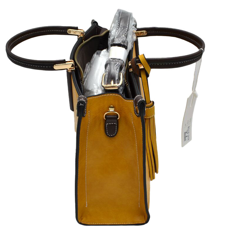 Yellow Large Shoulder Vegan Leather Tassel Handbag For Women. High quality Vegan Leather is a luxurious and durable, Stay organized in style with this square-shaped shopper tote bag that is fully two contrasting interior and exterior solid colors. This vegan leather handbag includes an on-trend removable tassel embellishment. Guaranteed, This will be your go-to handbag. 