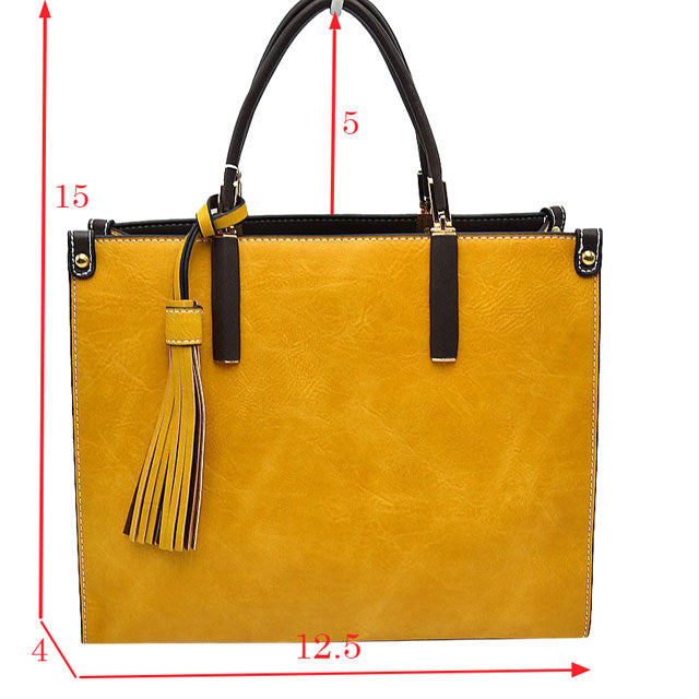 Yellow Large Shoulder Vegan Leather Tassel Handbag For Women. High quality Vegan Leather is a luxurious and durable, Stay organized in style with this square-shaped shopper tote bag that is fully two contrasting interior and exterior solid colors. This vegan leather handbag includes an on-trend removable tassel embellishment. Guaranteed, This will be your go-to handbag. 