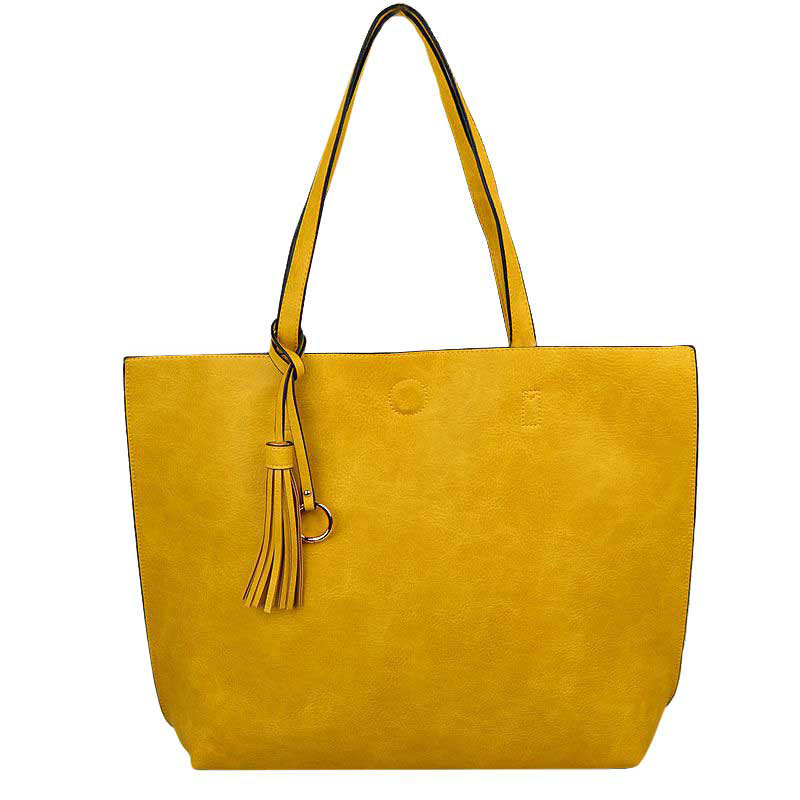 Yellow Large Tote Reversible Shoulder Vegan Leather Tassel Handbag, High quality Vegan Leather is a luxurious and durable, Stay organized in style with this square-shaped shopper tote purse that is fully reversible for two contrasting interior and exterior solid colors. This vegan leather handbag includes an on-trend removable tassel embellishment. Guaranteed, This will be your go-to handbag. 
