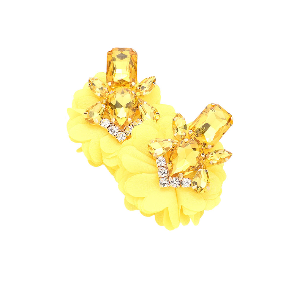 Yellow Multi Stone Embellished Fabric Cluster Earrings, Look like the ultimate fashionista with these cluster earrings! Add something special to your outfit! multi stone and sparkling clusters give these earrings an elegant look. The beautifully crafted stone design adds a gorgeous glow to any outfit to make you stand out and more confident. These earrings pair perfectly with any ensemble from business casual, to a night out on the town or a black-tie party.