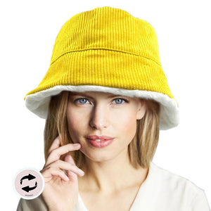 Yellow Reversible Corduroy Soft Faux Fur Bucket Hat. Show your trendy side with this chic animal print hat. Have fun and look Stylish. Great for covering up when you are having a bad hair day, perfect for protecting you from the sun, rain, wind, snow, beach, pool, camping or any outdoor activities.