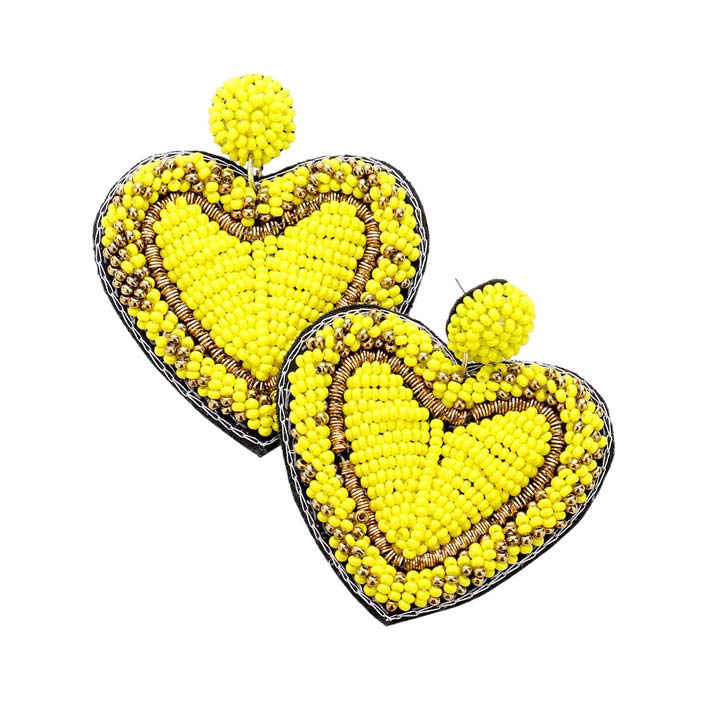Yellow Seed Bead Heart Earrings,  Wear these gorgeous earrings to make you stand out from the crowd & show your trendy choice. The beautifully crafted design adds a gorgeous glow to any outfit. Put on a pop of color to complete your ensemble in perfect style. These Heart-themed earrings are perfect for adding just the right amount of shimmer & shine. Perfect for Birthday Gifts, Anniversary gifts, Mother's Day Gifts, Graduation gifts, and Valentine's Day gifts. Stay unique & beautiful!