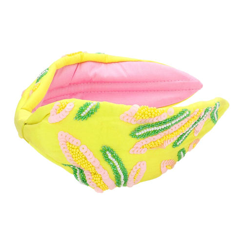 Diadema con nudo de hoja y cuentas de lentejuelas - Amarillo