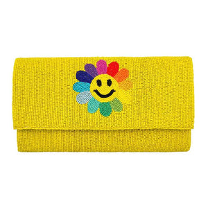 Yellow Smile Flower Accented Seed Beaded Clutch Crossbody Bag, Look like the ultimate fashionista when carrying this small Clutch bag, great for when you need something small to carry or drop in your bag. Keep your keys handy & ready for opening doors as soon as you arrive. Perfect Birthday Gift, Anniversary Gift, Mother's Day Gift or any other events. This clutch bag is great for weekend outings, various parties, and so on.