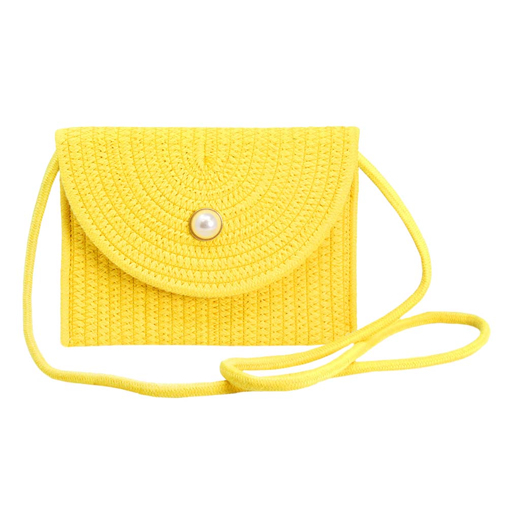 Yellow Solid Color With Pearl Button Straw Micro Crossbody Bag, perfectly goes with any outfit and shows your trendy choice to make you stand out on your special occasion. Carry out this straw micro crossbody bag while attending a special occasion. Perfect for carrying makeup, money, credit cards, keys or coins, etc. It's lightweight and perfect for easy carrying. Put it in your bag and find it quickly with its eye-catchy colors. 