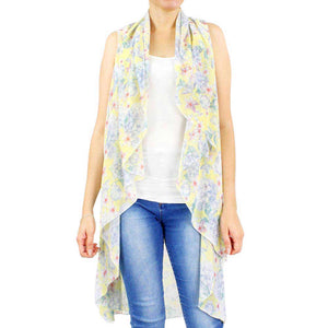Yellow Spring Summer Flower Printed Round Vest, These vest featuring a flower printed design prints easy to pair with so many tops. Lightweight and Breathable Fabric, Comfortable to Wear. Suitable for Weekend, Work, Holiday, Beach, Party, Club, Night, Evening, Date, Casual and Other Occasions in Spring, Summer and Autumn.