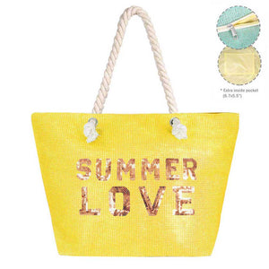 Yellow Summer Love Message Glitz Beach Tote Bag, Whether you are out shopping, going to the pool or beach, this tote bag is the perfect accessory. Spacious enough for carrying all of your essentials. Perfect as a beach bag to carry foods, drinks, towels, swimsuit, toys, flip flops, sun screen and more. Gift idea for your loving one!