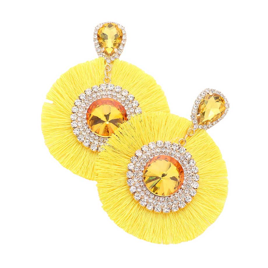 Yellow Teardrop Round Stone Accented Tassel Fringe Dangle Earrings, completed the appearance of elegance and royalty to drag the crowd's attention on special occasions. The beautifully crafted fringe design adds a gorgeous glow to any outfit, making you stand out and more confident.