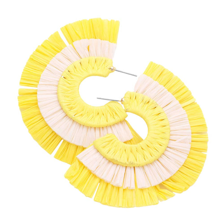 Yellow Two Tone Raffia Half Round Earrings, enhance your attire with these beautiful raffia half-round earrings to show off your fun trendsetting style. Can be worn with any daily wear such as shirts, dresses, T-shirts, etc. These half-round earrings will garner compliments all day long. Whether day or night, on vacation, or on a date, whether you're wearing a dress or a coat, these earrings will make you look more glamorous and beautiful. 