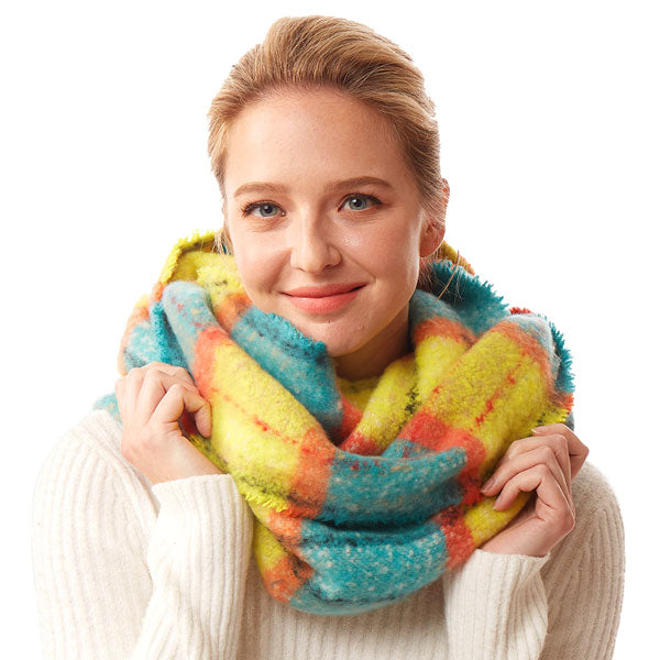 Yellow Winter Acrylic Colorful Plaid Check Infinity Scarf, accent your look with this soft, highly versatile plaid scarf. A rugged staple brings a classic look, adds a pop of color & completes your outfit, keeping you cozy & toasty. Perfect Gift Birthday, Holiday, Christmas, Anniversary, Valentine's Day