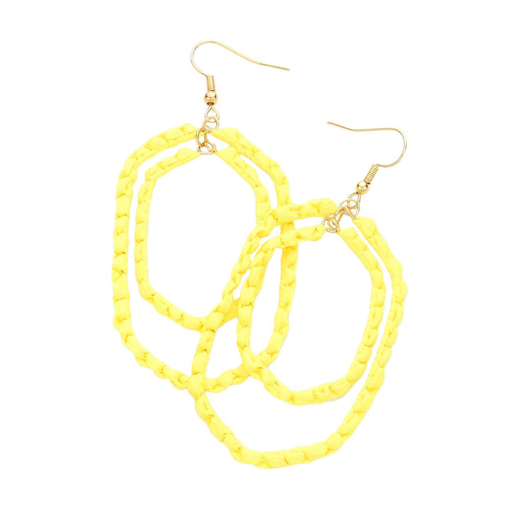 Yellow Woven Raffia Double Open Hexagon Dangle Earrings, enhance your attire with these beautiful raffia earrings to show off your fun trendsetting style. Get a pair as a gift to express your love for any woman person or for just for you on birthdays, Mother’s Day, Anniversary, Holiday, Christmas, Parties, etc.