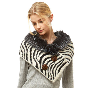 Zebra Pattern Faux Fur Scarf Chenille Triangle Tube Scarf Button Decor, warm cozy over the shoulder scarf, add a modern touch to the cozy style. Put over a top, jacket, jazz up your look. Feel Warm & Stylish; Perfect Gift, Birthday Gift, Christmas, Anniversary Gift, Valentine's Day Gift, Thank you Gift, Date Night