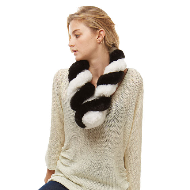 Deluxe Twisted Faux Fur Pull Through Scarf - BlackWhite - Scarves