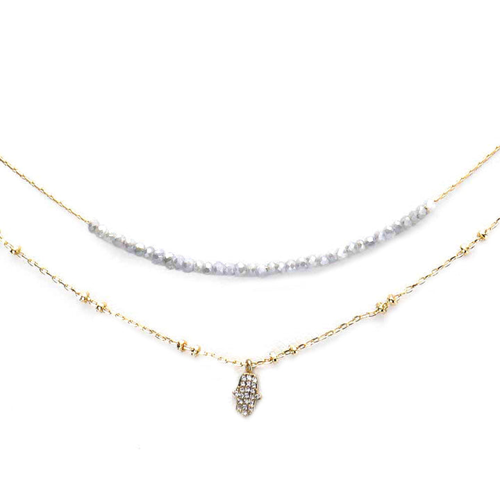 Layered Chain CZ Hamsa Hand Pendant on Metal Chain, second row Gray stones on chain necklace. CZ Hamsa Pendant necklace, Hamsa Hand brings its owner happiness, luck, health & good fortune, wearing this can bring you good luck! the Cubic Zirconia Crystals shine and add a shimmer to your attire. Perfect Birthday Gift, Anniversary Gift, Mother's Day Gift, Graduation Gift, Just Because Gift, Bridesmaid Keepsake