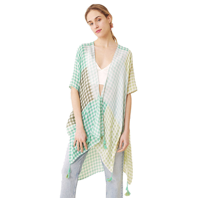 Green Beach, Poolside chic made easy with this lightweight Gingham Check Cover Up featuring relaxed silhouette, great over your swimsuit or wear over your favorite blouse & slacks, Perfect Birthday Gift, Anniversary Gift, Mother's Day Gift, Lightweight Cover-up, Fun Beachwear, Gingham Check Kimono, Gingham Check Beachwear