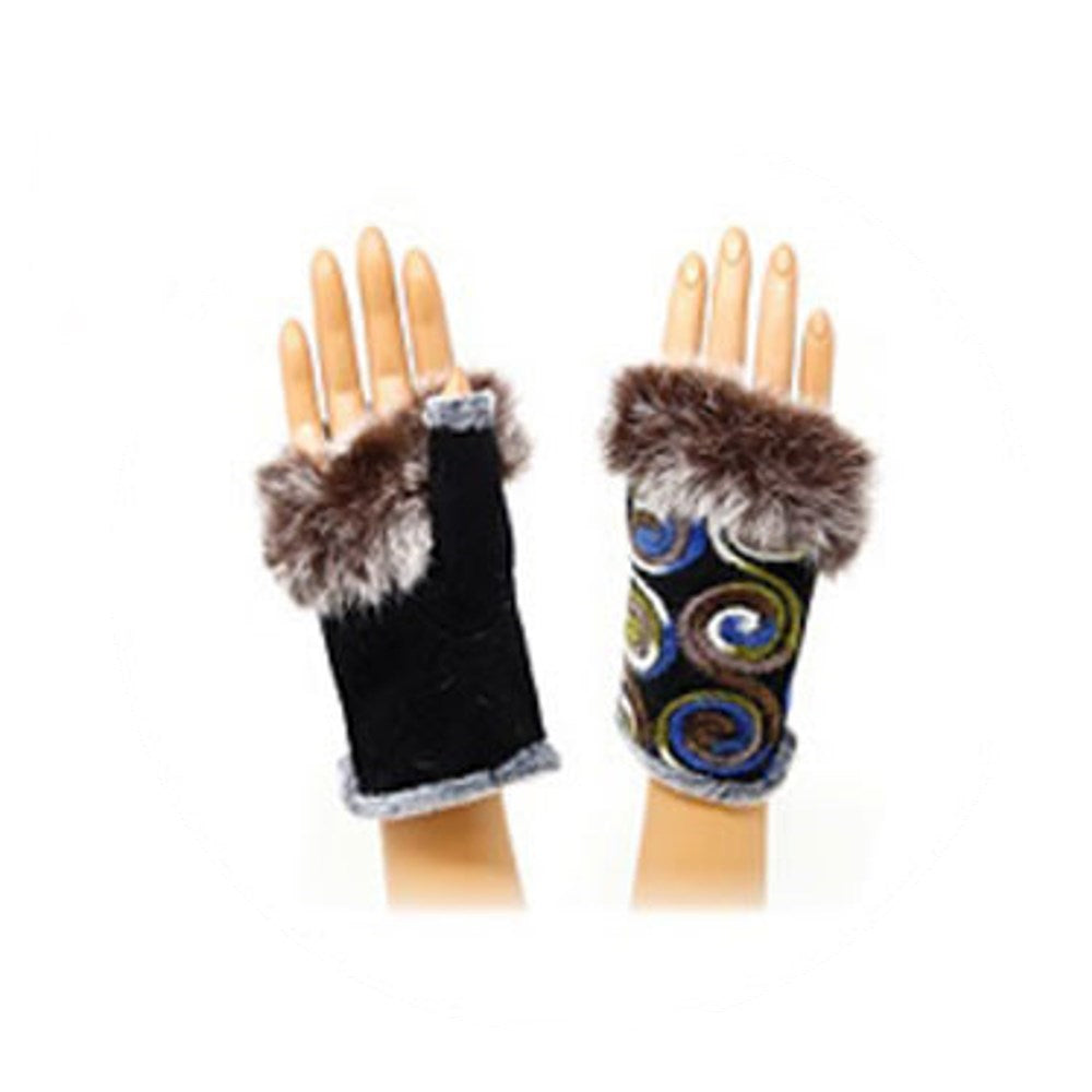Multi Color Circular Embroidery Faux Fur Wrist Fingerless Gloves Mittens, gives your look so much eye-catching texture w/ circular adorned muffs on a cozy faux suede, very fashionable, attractive, cute looking in winter season, confy mitts will allow you to use your phone easily. Perfect Gift! Black, Coral, Blue, Navy