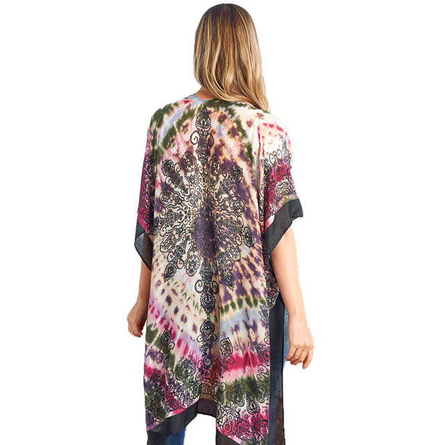 Purple Tie Dye Boho Printed Cover Up Kimono Poncho, The lightweight poncho top is made of soft and breathable Polyester material. short sleeve swimsuit cover up with open front design, simple basic style, easy to put on and down. Perfect Gift for Wife, Mom, Birthday, Holiday, Anniversary, Fun Night Ou